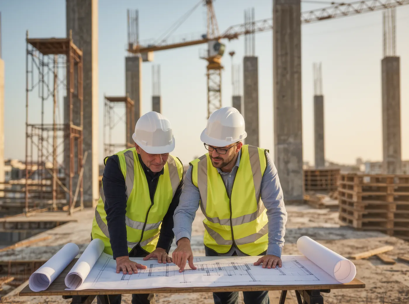 Deux ingénieurs étudient des plans de structure sur un chantier