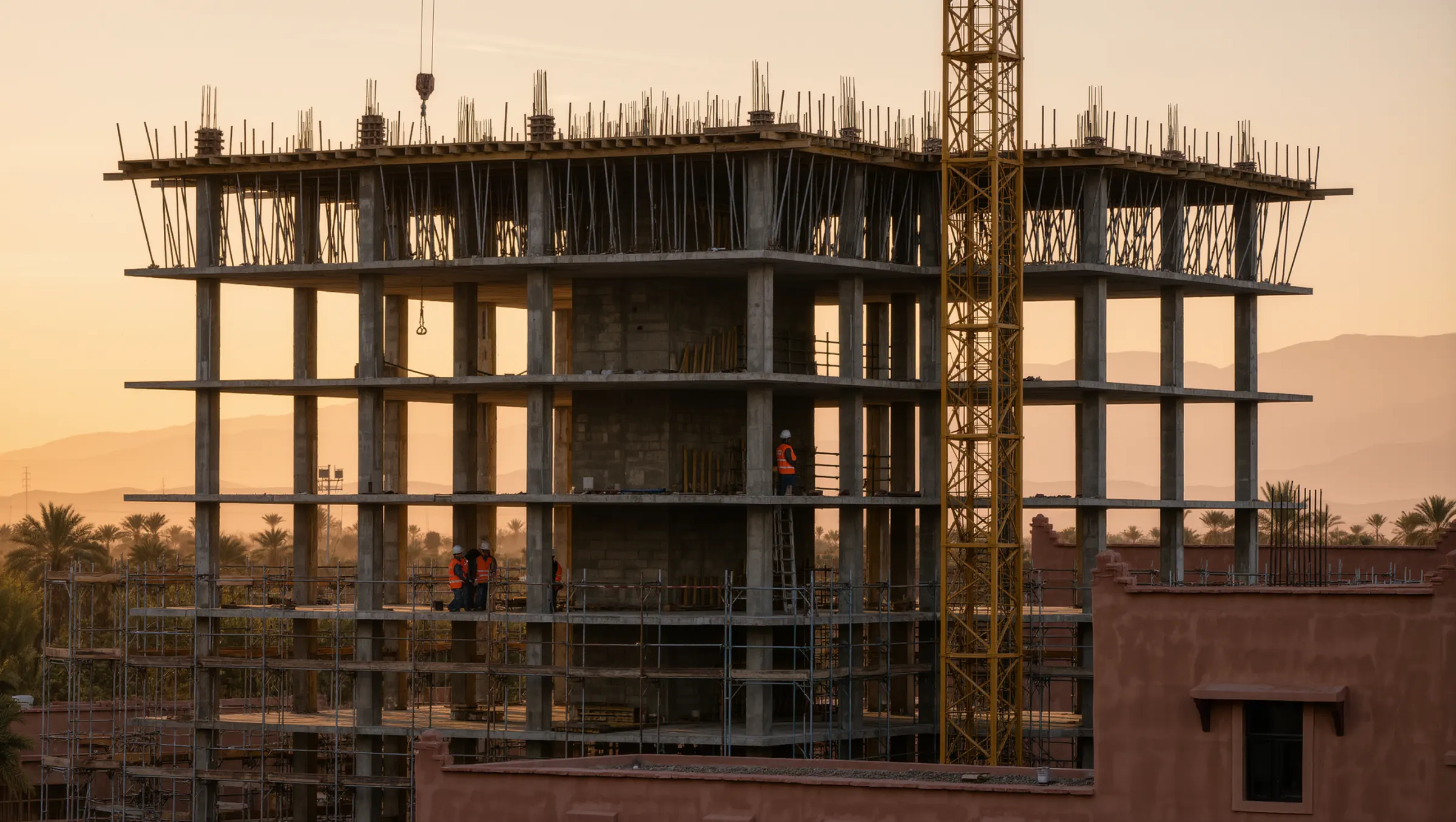 Immeuble en béton armé en construction à Marrakech, grue et échafaudages au coucher du soleil